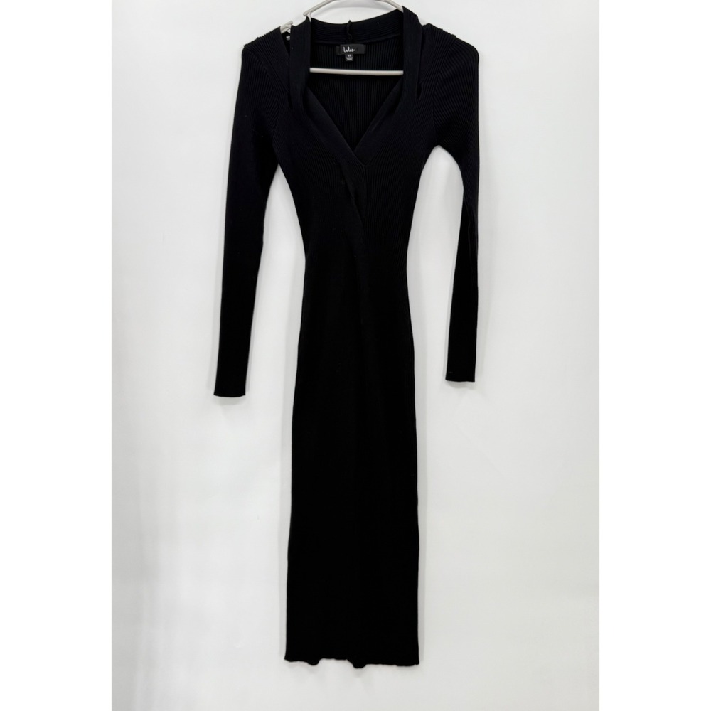 Lulus Black Ribbed Cutout Neck Midi Sweater Dress Long‎ Sleeve Wrap Style XS
